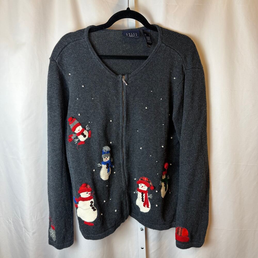 Crazy Horse‎ Liz Claiborne Snowman Zip Cardigan Sweater Women’s L Xmas Winter